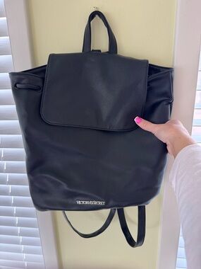 Victoria's Secret Black Faux Leather Flap Backpack